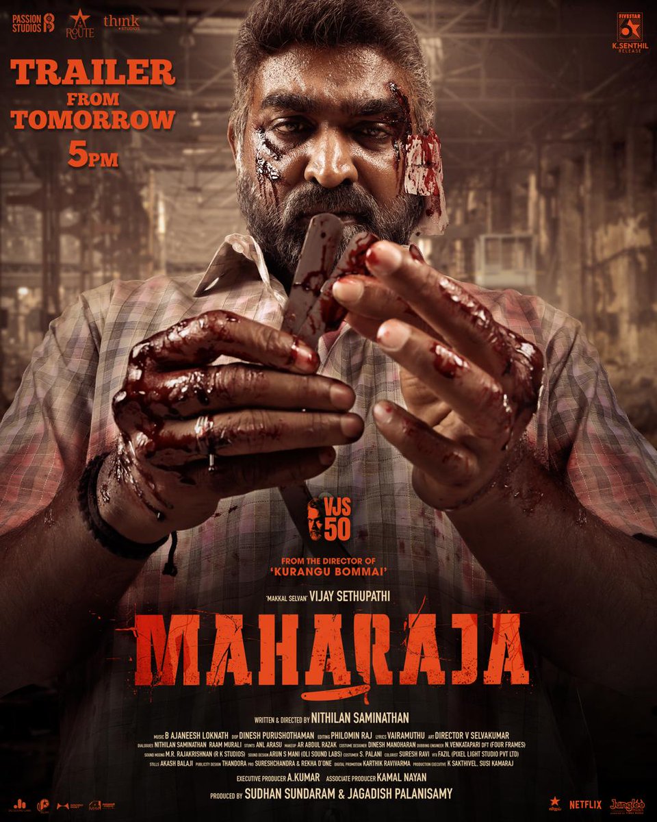 The wait is almost over 👑 Get ready to witness the world of #Maharaja from tomorrow 5 PM #MaharajaTrailerFromTomorrow #MakkalSelvan @VijaySethuOffl Written and Directed by @Dir_Nithilan @anuragkashyap72 @mamtamohan @Natty_Nataraj @Abhiramiact @AjaneeshB @Philoedit @DKP_DOP