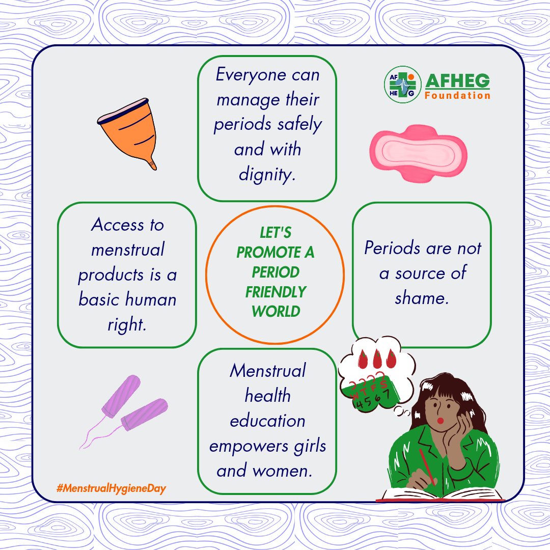 Menstrual health is a human right. Everyone deserves to manage their periods with dignity and without shame. Empowering girls and women through education is key. 

#MenstrualHealth 
#AFHEG 
#MenstrualHygieneDay