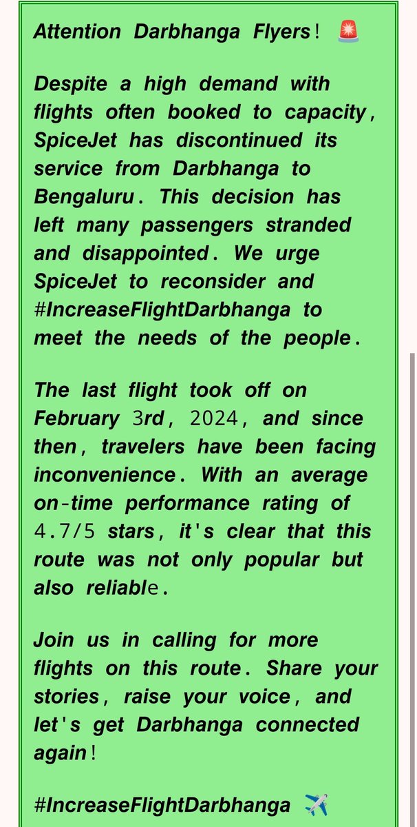 🚨 Attention Darbhanga Flyers! 

Despite a high demand with flights often booked to capacity, SpiceJet has discontinued its service from Darbhanga to Bengaluru. This decision has left many passengers stranded and disappointed. We urge @flyspicejet to reconsider and
