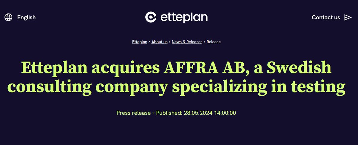 Outside of traditional #ITservices, #ERDservices vendor @Etteplan  acquires AFFRA, an embedded systems testing specialist servicing the automotive industry.
AFFRA is a small Swedish firm, with 23 vendors. Nevertheless, it brings highly specialized expertise.