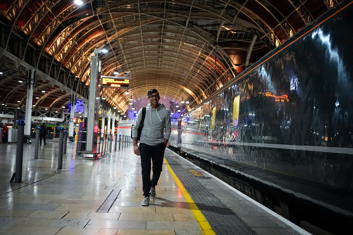 Picture from last night as Prime Minister Rishi Sunak arrives at a London train station, while on the General Election campaign trail.