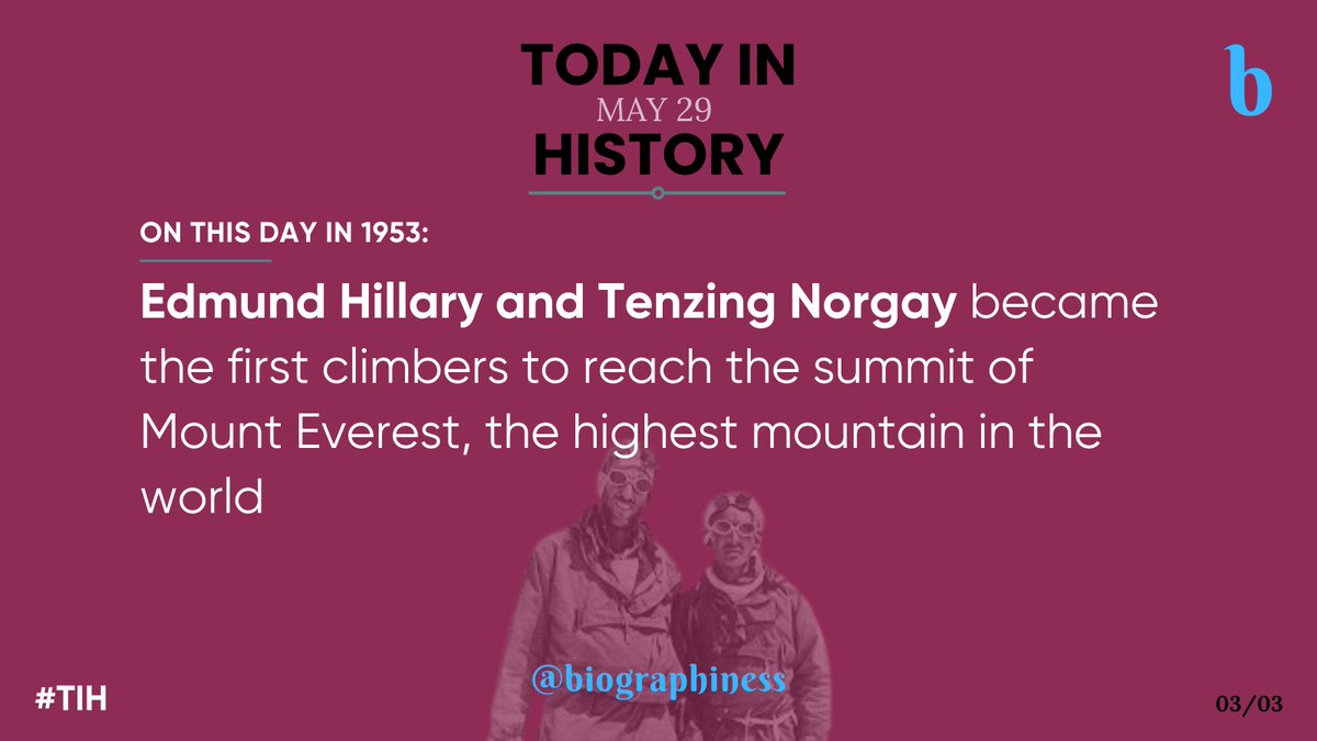 From Byzantine Walls to Everest Peaks, May 29th echoes with triumphs and dreams.🌟🏰🏔️ Celebrating resilience, leadership, and human spirit!
Follow👉@biographiness

#Biographiness #Biograghines #TodayInHistory #TIH #OnThisDay #OTD #HistoryEvents #DailyHistory #HistoryFacts #May29