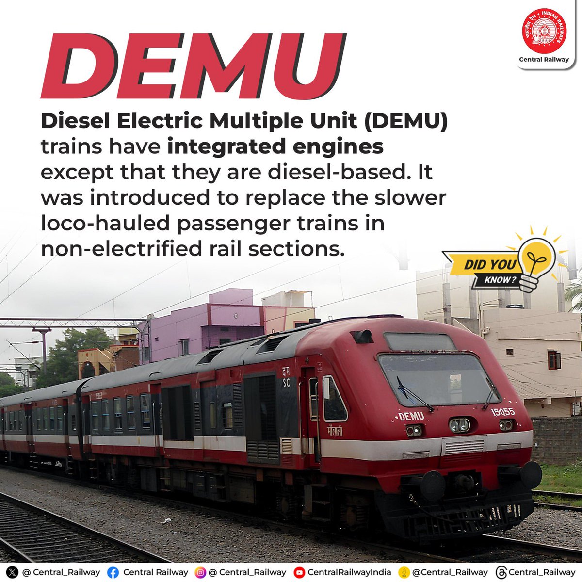Wisdom Wednesday: lets know more about our beloved DEMUs (Diesel Electric Multiple Unit) unlocking their pivotal role in the world of transportation.
#CentralRailway #DecodingDEMU