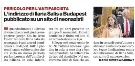 Ilaria Salis è in pericolo, pubblicato su un sito neonazista l’indirizzo dei domiciliari a Budapest.
Cosa aspetta il governo a intervenire per portarla subito in Italia o almeno in ambasciata?
Meloni è troppo impegnata a fare i suoi show e Tajani a cantare con i Ricchi&Poveri…🤦🏼‍♂️