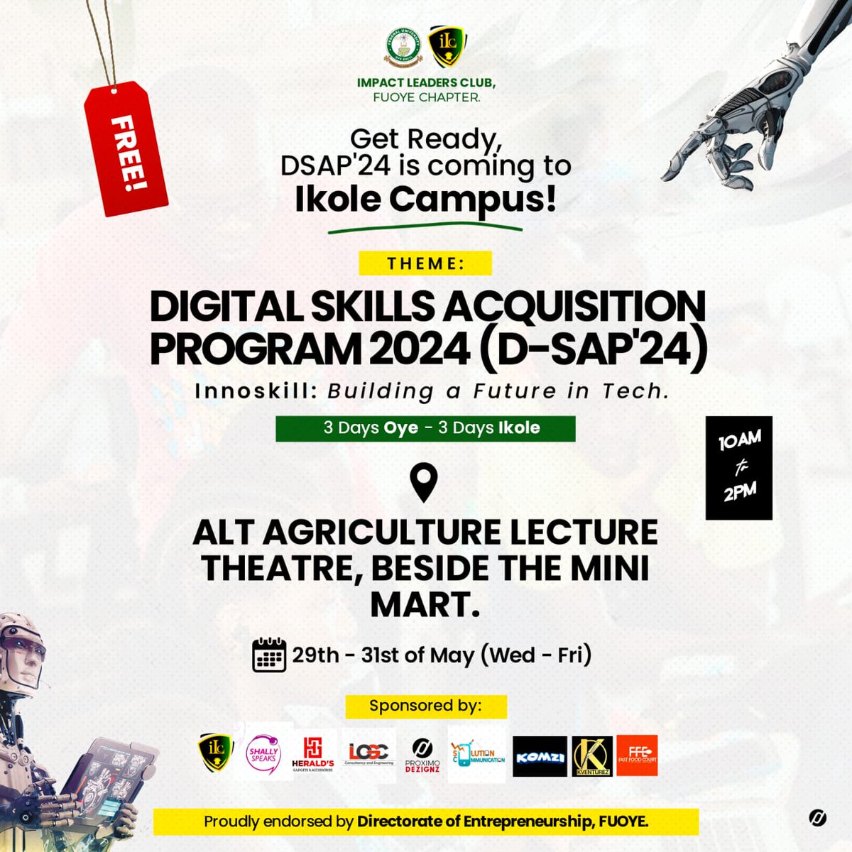 Ikole are you Ready?🥳🥳
 *D-SAP'24 is right by your side.* ⚡⚡
Don't miss out on this great opportunity of improving your digital skill.🔥🔥🔥

Join us *tomorrow till Friday* at ALT building,ikole campus as we build you up in the the digital world.💻
#dsap'24 #skills #ilcfuoye