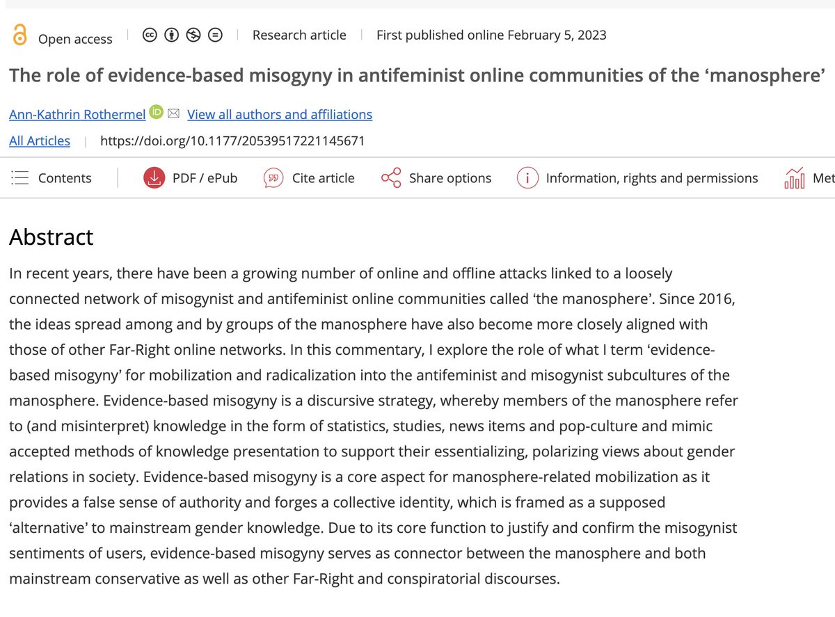 How are views in the #manosphere essentialised and polarised? Revisit this article by <a href="/ARed_belka/">A Rothermel (БелКа_тя)</a> which conceptualises 'evidence-based #misogyny' as a discursive strategy buff.ly/40uKobk