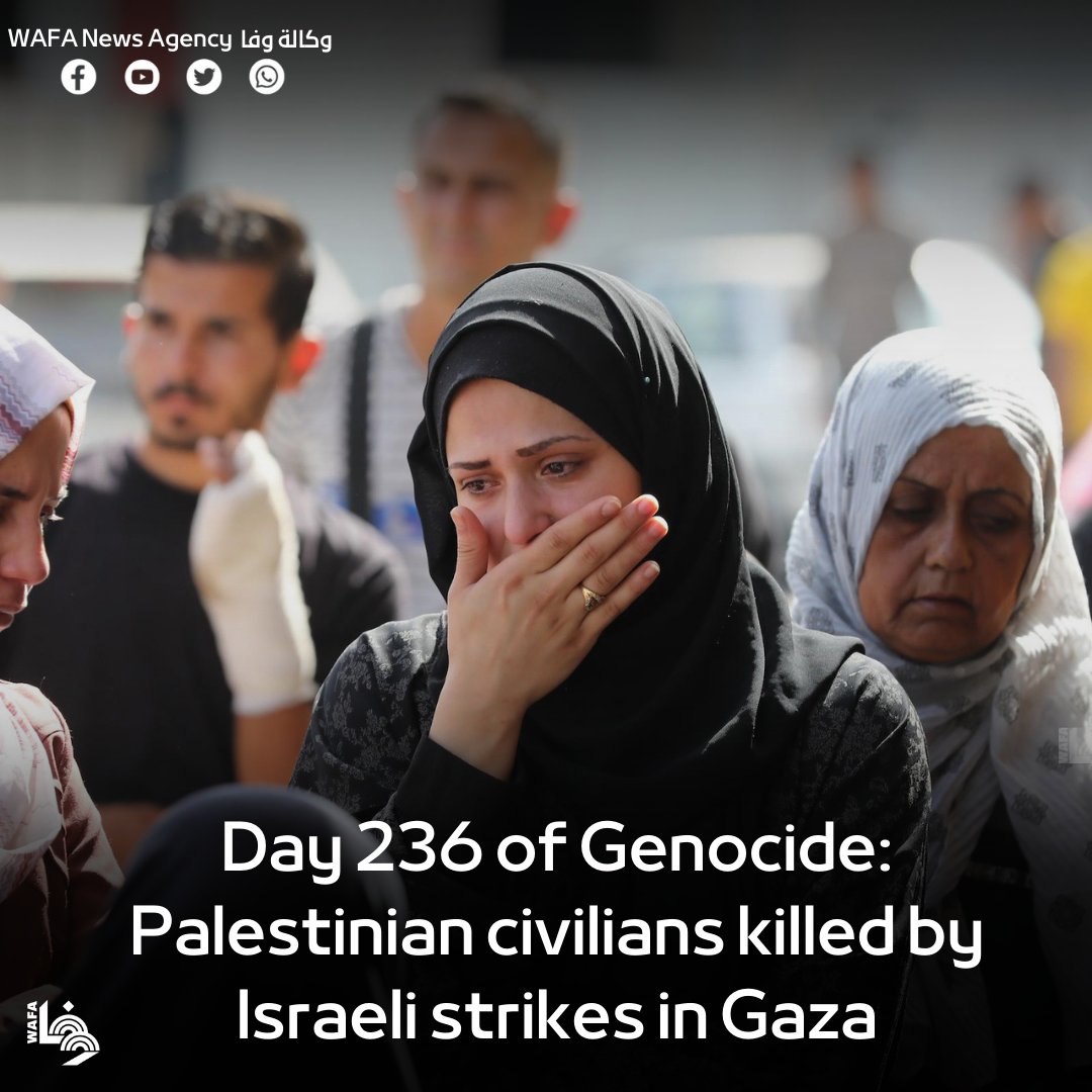 A number of Palestinians, including children, were killed at dawn and early Wednesday morning as the Israeli aggression against the Gaza Strip enters its 236th day. More: english.wafa.ps/Pages/Details/…