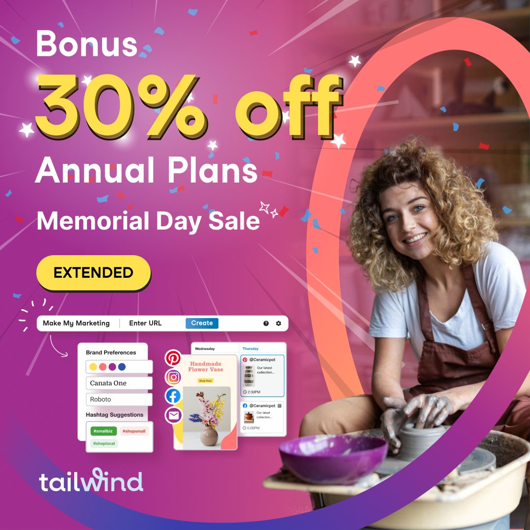 ✨ Want to save time, grow your audience, and create stunning visuals?  TailwindApp is your secret weapon! 

Get 30% OFF annual plans now through June 6th.

Learn more: bit.ly/VisitTailwindA…

 #TailwindApp #SocialMediaGrowth #ProductivityHacks