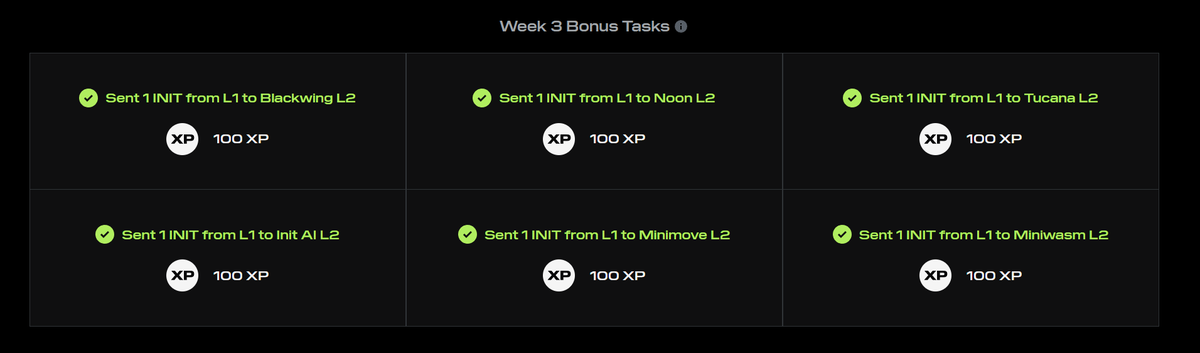 Initia Testnet: Week 3 Bonus Tasks

If you already built your Jennie, there are extra 600 XP to grab this week on @initiaFDN testnet.

Tasks to perform
1⃣ Send 1 $INIT from L1 to Blackwing L2
2⃣ Send 1 $INIT from L1 to Noon L2
3⃣ Send 1 $INIT from L1 to Tucana L2
4⃣ Send 1 $INIT