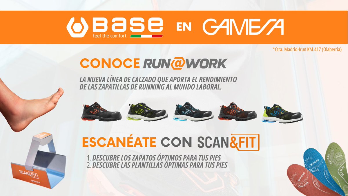 Hoy los expertos de BASE PROTECTION están en GAMESA:

👟 Descubre la nueva línea de calzado laboral. 
👣 Prueba SCAN&amp;fit y descubre los zapatos óptimos para ti.

Acércate a nuestra tienda durante el día de hoy ¡te esperamos!

#baseprotection #calzadolaboral