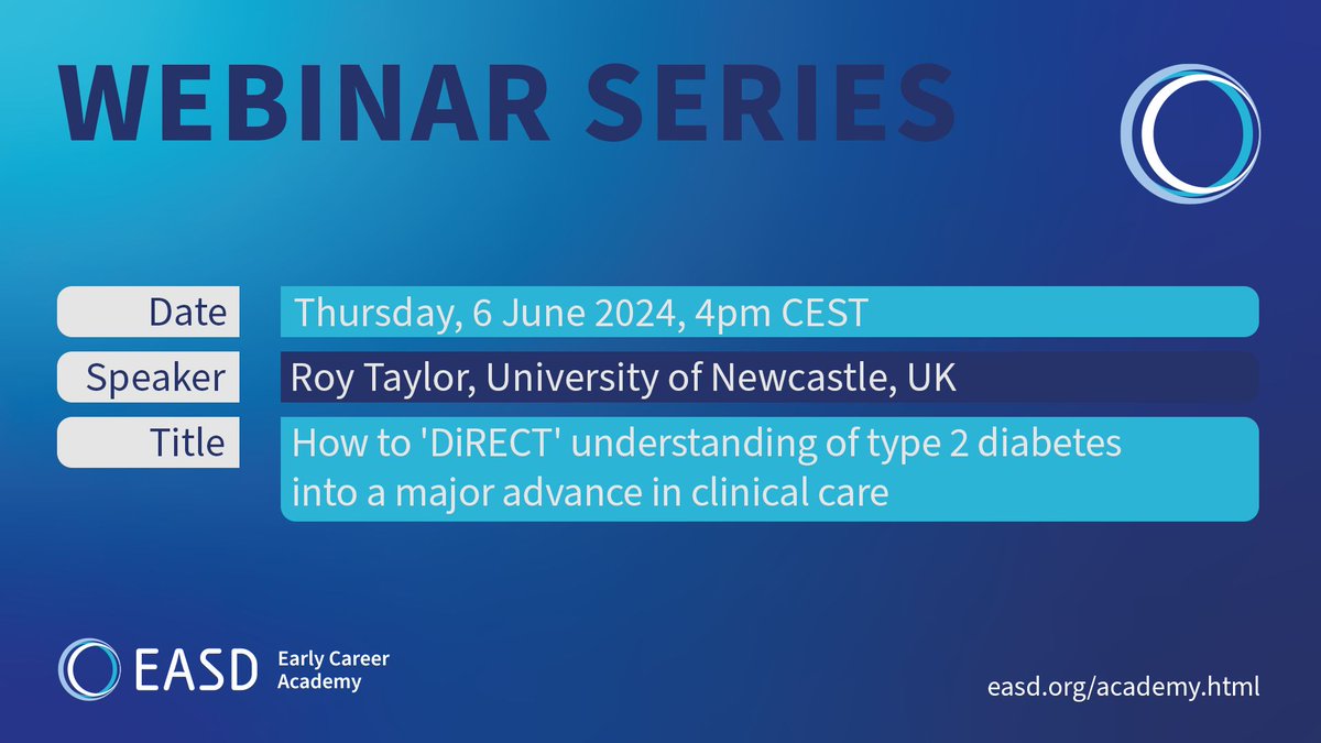 EASD Early Career Academy (@easdacademy) on Twitter photo Would you like to gain insights into running large-scale clinical trials in diabetes research? Join us for an exclusive interactive session with Prof. Roy Taylor about the profound impact of the DiRECT trial on diabetes research and clinical care. Would you like to gain insights into running large-scale clinical trials in diabetes research? Join us for an exclusive interactive session with Prof. Roy Taylor about the profound impact of the DiRECT trial on diabetes research and clinical care.