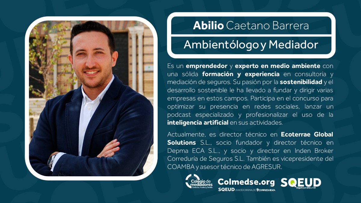 Conoce a los finalistas de #SQEUD: 
Hoy el sevillano <a href="/Abilio_Caetano/">Abilio Caetano Barrera</a> Que presentará en la final, el proyecto:  "Evaluador de riesgos ESG en el sector asegurador"