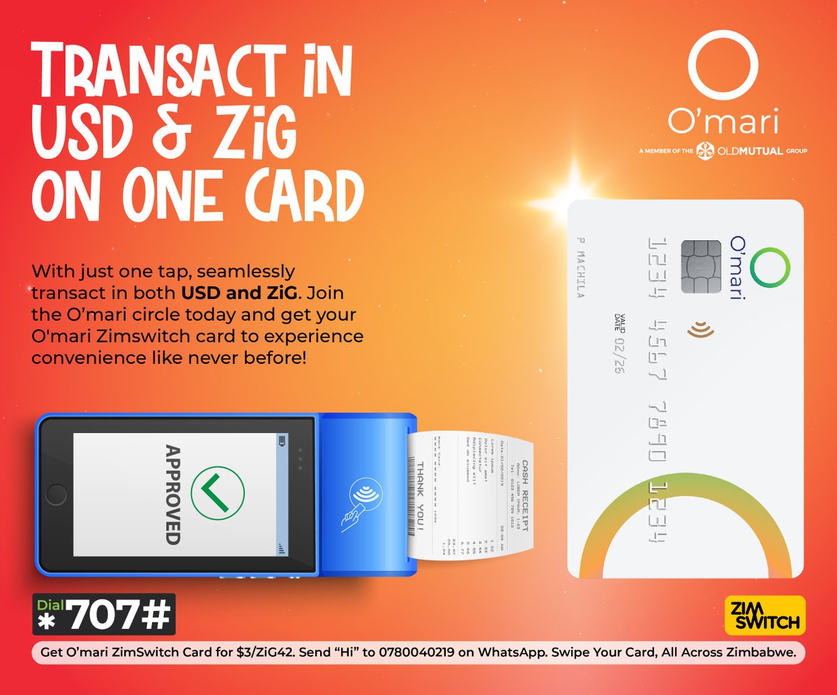 Tired of juggling cash & cards? The O'mari ZimSwitch card is your game-changer! Secure, contactless payments in USD & ZiG for all your daily needs: 1. Shop Smart: Pay for groceries, clothes, electronics - all with a tap! 2. Bill Pay Power: Streamline your bills - pay utilities