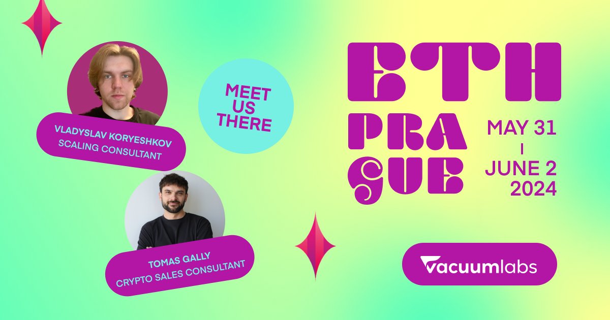 vacuumlabs's tweet photo. 🛸 Ready to explore Ethereum & blockchain tech? Join us at #ETHPrague, May 31-June 2, 2024, in Prague for 3 days of insights & innovation. 📷 Meet Tomas (@TomasGally23000)  and Vlad (@vk24eu) from Vacuumlabs. Don’t miss out on the blockchain future! Chat with us there. 😉
@vacuum_crypto