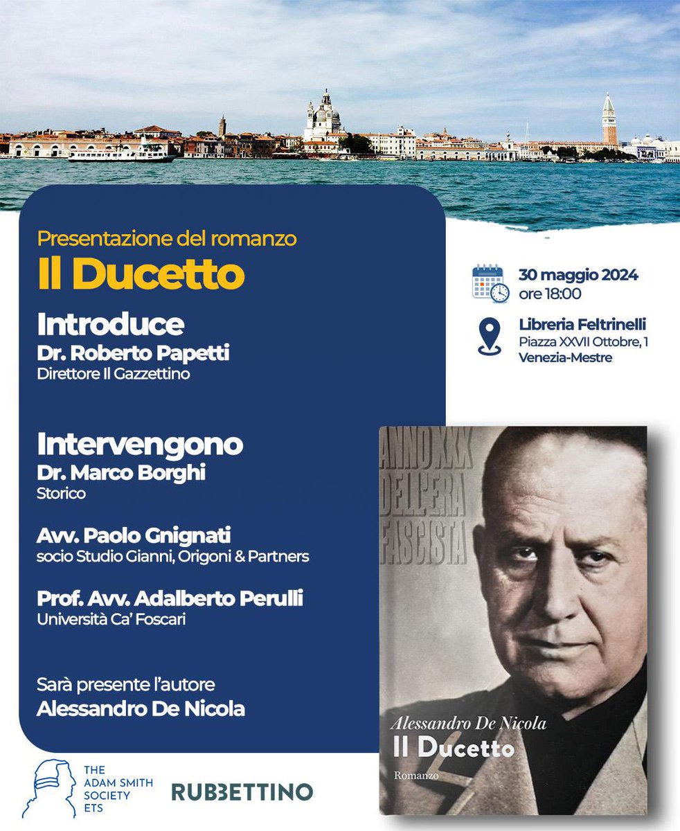 Arditi e legionari della Serenissima! Vi ricordo che con maschia volontà ci troveremo giovedì 30 Maggio alle ore 18 presso la Libreria Feltrinelli di Piazza XXVII Ottobre e discuteremo delle gesta narrate nel romanzo “Il Ducetto” ambientato in un 1952 dove il fascismo è