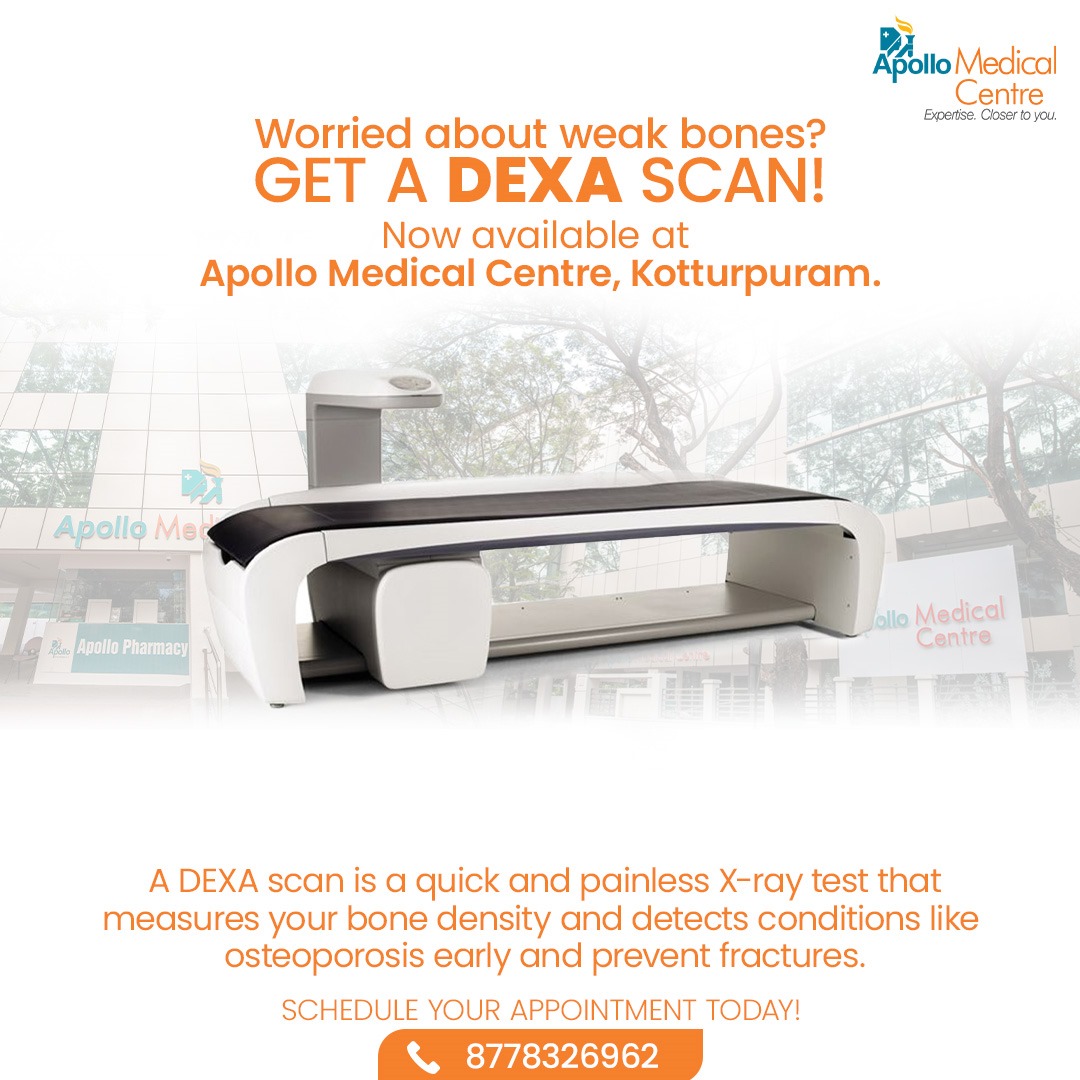 DEXA Scan (Bone Mineral Density Scan) is now available at Apollo Medical Centre, Kotturpuram. This advanced scan measures bone density, helping to assess #bonestrength & detect conditions like #osteoporosis early. 

#DEXAScan #ApolloMedicalCentre #ApolloKotturpuram
