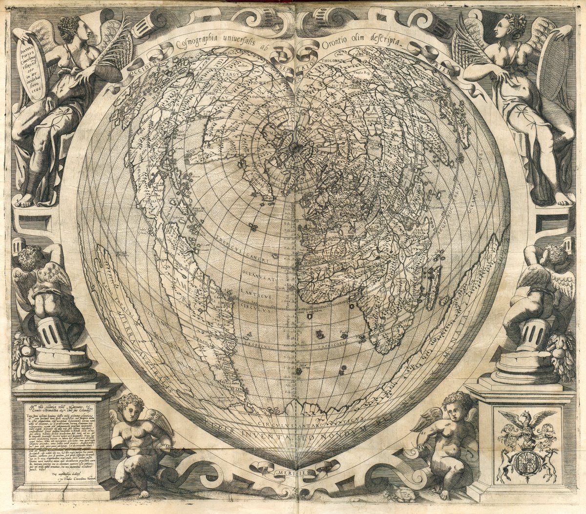 Entä jos maapallo esitettäisiinkin maasydämenä? Arvostaisimmeko kotiplaneettamme enemmän, jos se ei olisi pelivälineen synonyymi?🤔 (Lafreri Antonio, Cosmographia universalis ab Orontio olim descripta 1566/Kansalliskirjasto)