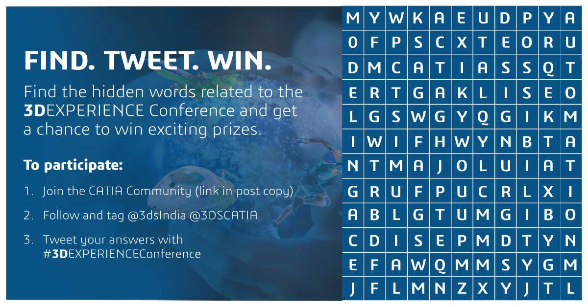 #ContestAlert Find keywords that focus on #3DEXPERIENCEConference & tweet your answers & win big! -Tag, follow @3DSIndia and @3DSCATIA -Join CATIA community- go.3ds.com/UPS -Use #3DEXPERIENCEConference Stay tuned for winner announcement. *Contest for India only!