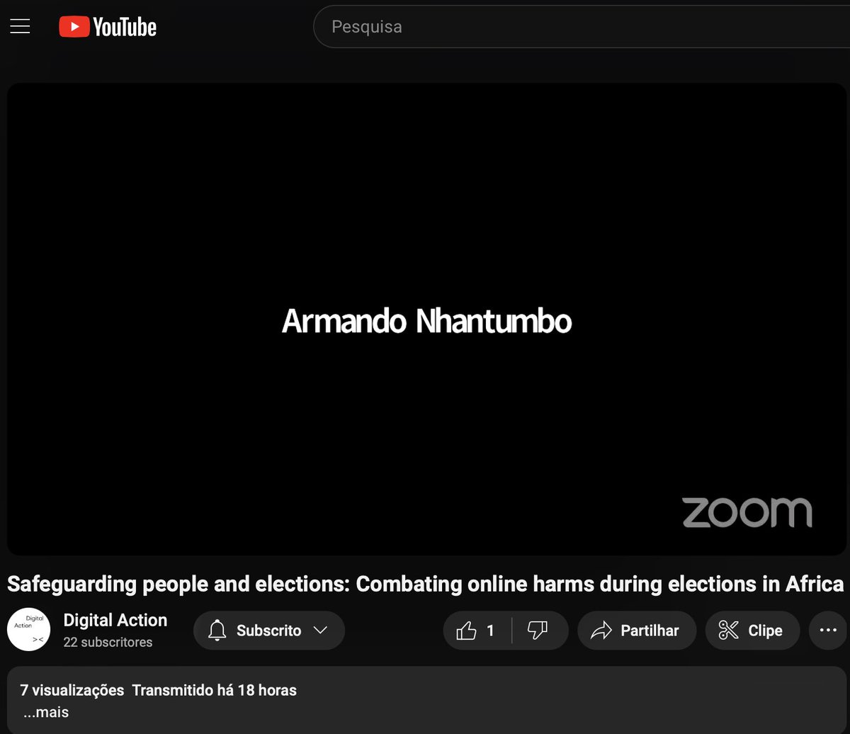 Yesterday we had opportunity to share our thoughts on online threats during elections in Africa. Our focus was mis-and disinformation and hate speech during mozambican elections. Thanks <a href="/DigitalActionCo/">Digital Action</a> for the invitation.

youtube.com/watch?v=KfB9hn…