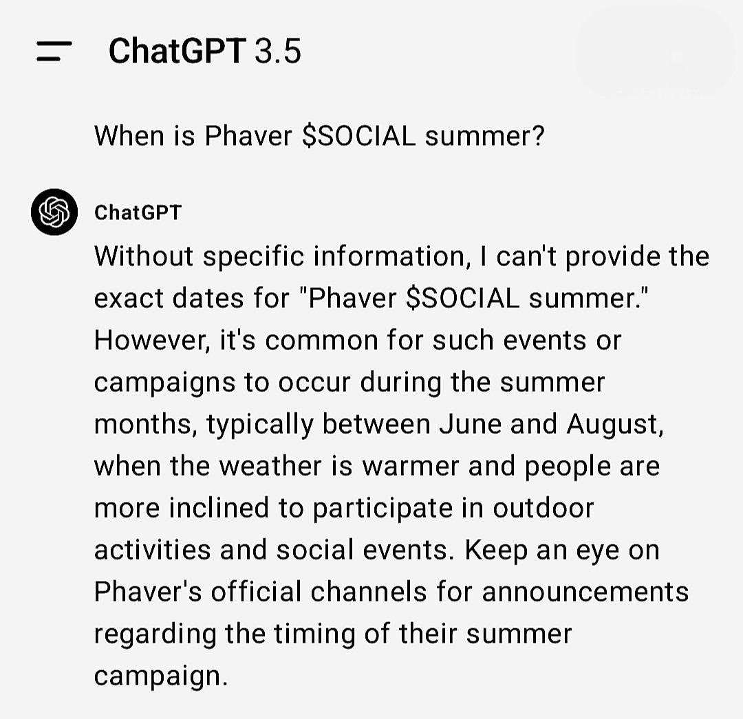Gm frens 💜 

$SOCIAL summer is inevitable 🦄🆙 
The snapshot will happen when we least expected.

So; out of curiosity, I asked ChatGPT about $SOCIAL summer and this is what have gotten. TGE in June ⛱️ 

It's #phaidrop time $SOCIAL
Download @phaverapp & use my code: @ Niqobite