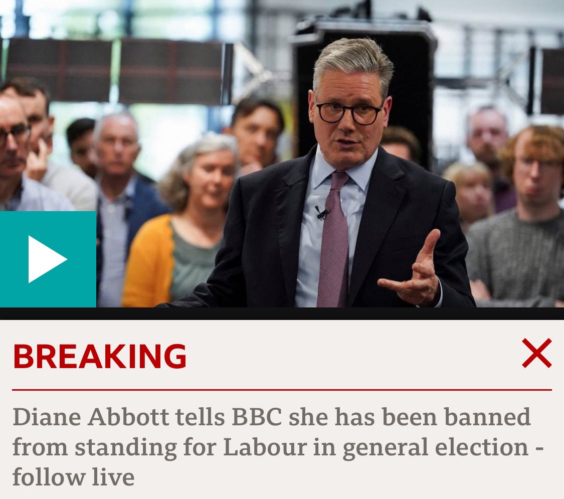 🚨BREAKING: Diane Abbott tells BBC she’s been banned from standing as a Labour candidate.

Starmer is targeting and singling out the first black woman MP while not suspending white Labour MPs who’ve made antisemitic and racist and other offensive comments. This is racism.