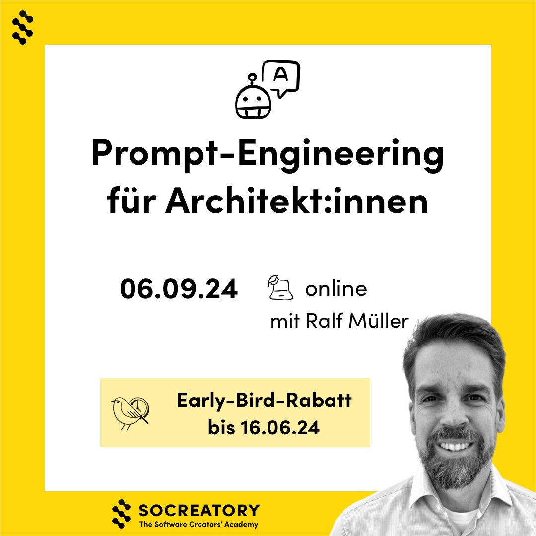 📣 Wir haben ein neues Training für euch: Prompt-Engineering für Architekt:innen mit @RalfDMueller 

Seid dabei:
🗓 06.09.2024: Prompt Engineering für Architekt:innen mit @RalfDMueller  online
socreatory.com/de/trainings/p…

🎉 Wir freuen uns auf euch!

#chatgpt #promptengineering