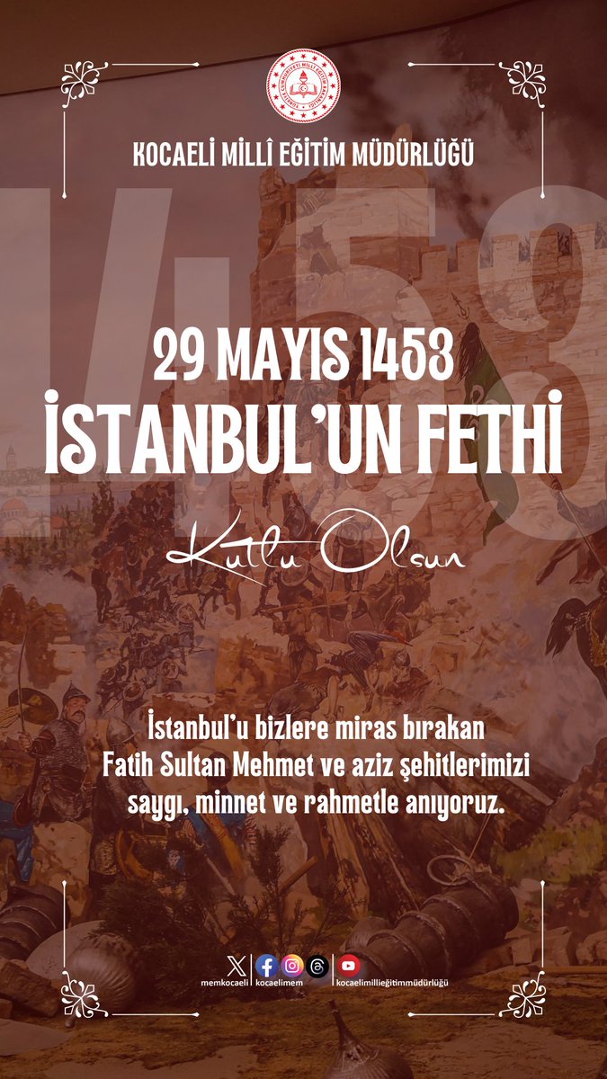 <a href="/kocaelivaliligi/">TC Kocaeli Valiliği</a> <a href="/SeddarYavuz/">Seddar Yavuz</a> <a href="/akmansen/">Ömer AKMANŞEN</a>

#29Mayis1453
#İstanbulunfethi