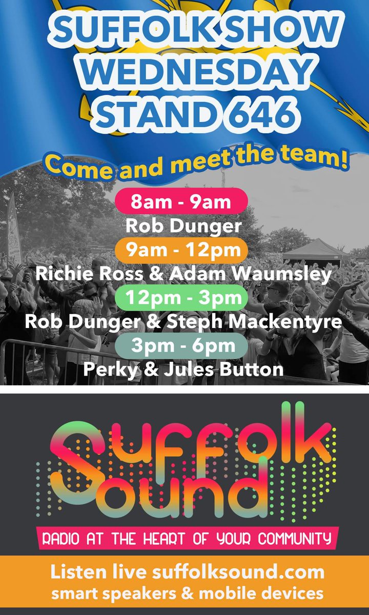Come and see us today at the #SuffolkShow
We are Broadcasting LIVE to the world.
Pick up ya free car sticker and meet the #SuffolkSound team
Stand 646