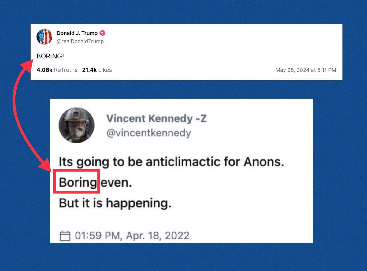 Trump, “Boring”
VK, “Its going to be anticlimactic for Anons. Boring even. But it is happening.”

Delta = 110 weeks and 1 day