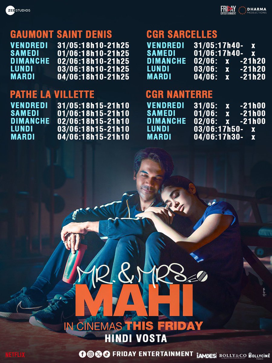 It’s time to dream big & defy the odds!💫 

Book your tickets now 🇫🇷🇫🇷

Mr. & Mrs. Mahi in cinemas this Friday.

#KaranJohar @apoorvamehta18 @RajkummarRao #JanhviKapoor #SharanSharma #NikhilMehrotra @somenmishra0 @ZeeStudios_ @sonymusicindia