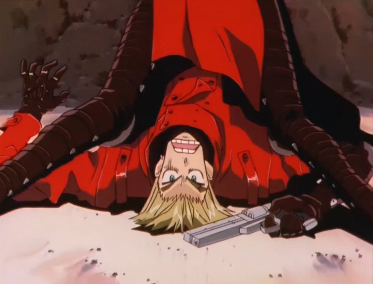 random funny thing that i cant stop thinking about but when i was at the trigun picnic at nakakon cosplaying meryl there was a point where i recieved a phone call from my gynecologist trying to schedule an HPV vaccine  meanwhile directly in front of me 3 vashes were in this pose