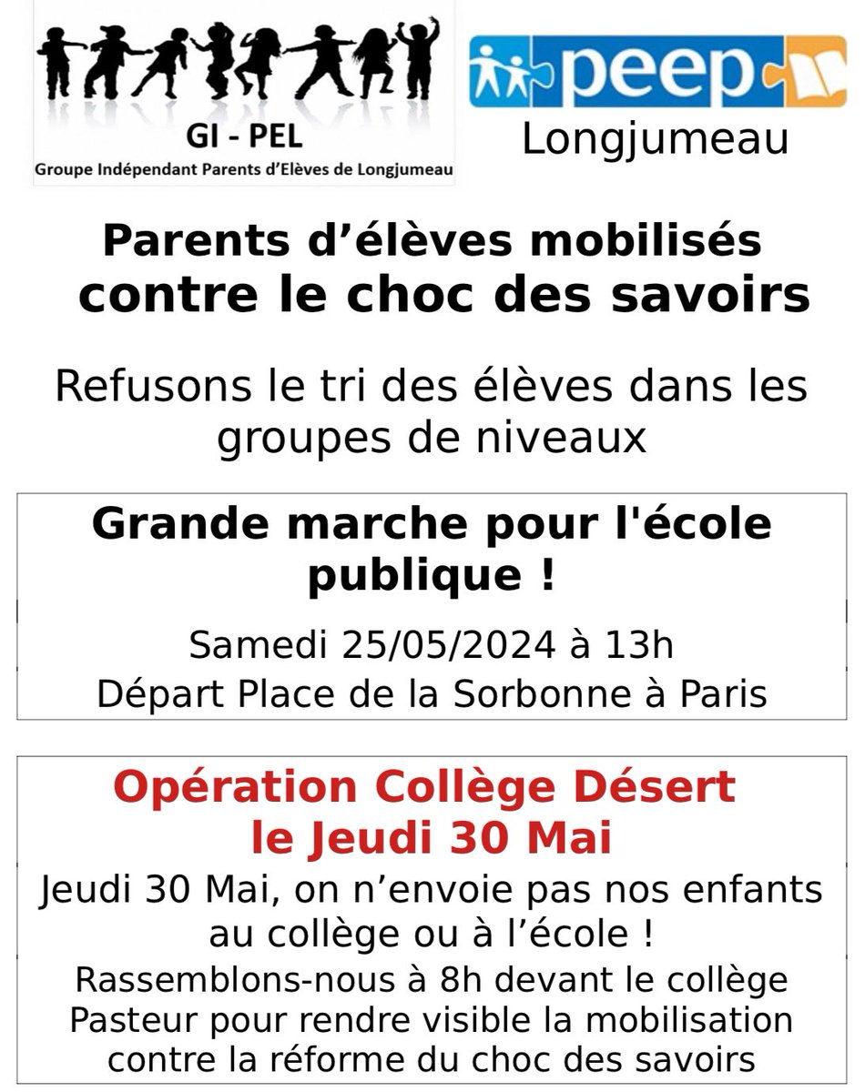 Après le #25mai, l’action continue contre le choc des savoirs 💪 Opération #CollègeDésert au collège Louis Pasteur de #Longjumeau demain, jeudi 30 mai ! #NonAuChocDesSavoirs #NonAuTriDesElèves