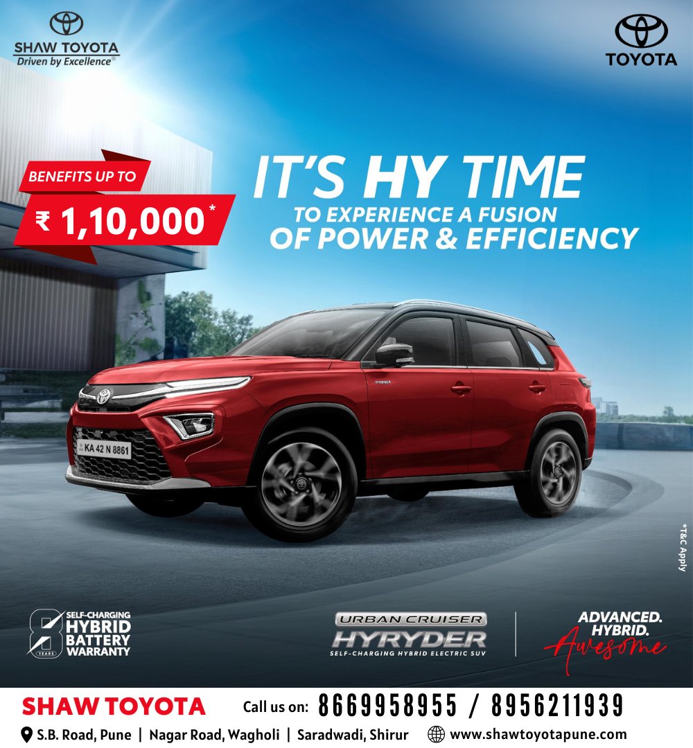 With its self-charging hybrid electric engine, every drive is a seamless blend of performance and eco-friendliness. 
Benefits Up To ₹ 1,10,000* #BookNow

🌐 shawtoyotapune.com
☎ 8669958955 
#Awesome #NewCar #SpecialOffer #ToyotaHyryder #ToyotaFinance #LowEMI #ItsHYTime