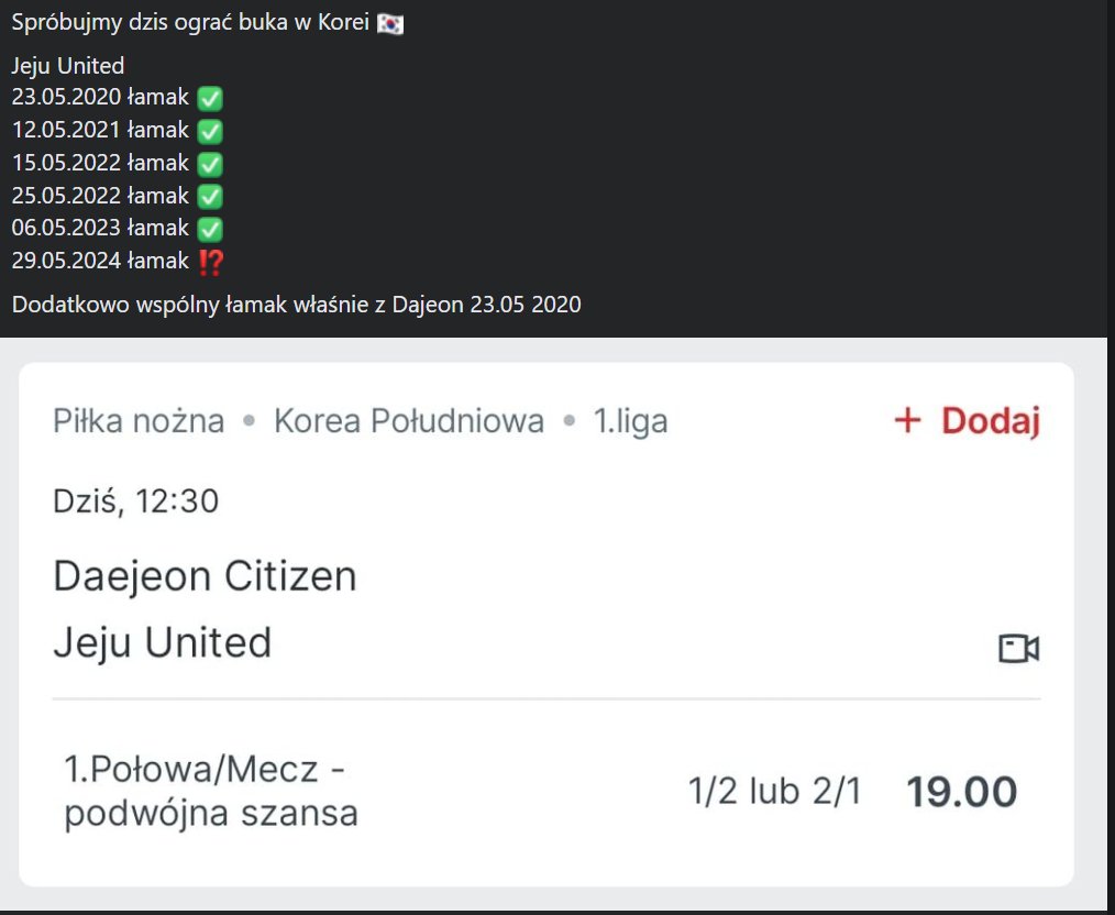 Na naszej grupie Tomek szuka dziś ustaweczki po datach. Może gwiazdy się dobrze ułożą. Na pewno to lepsza inwestycja niż stawianie wczoraj na takiego placka jak Borges 🙃