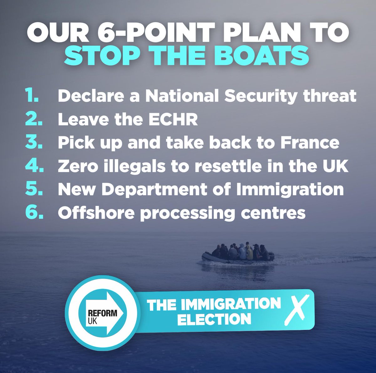 This is an immigration election. The Tories can't stop the boats, Labour won't stop the boats. 👇 Only Reform UK will stop the boats with our six point plan: