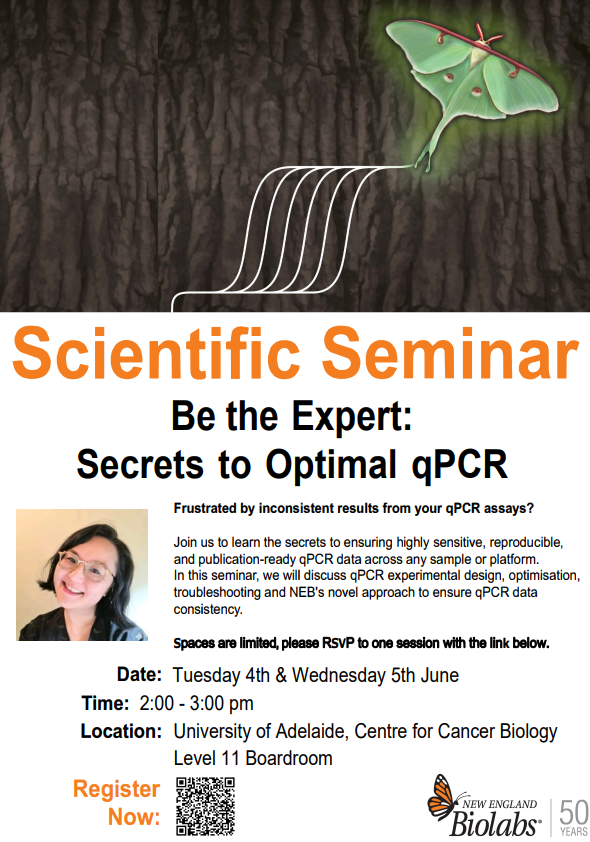 Leveraging the MIQE guidelines and New England Biolabs 50 years worth of technical support, come benefit from our experience. Learn what those abnormal amplification plots can mean and considerations for consistent data! 

Limited spots open for <a href="/UniversitySA/">UniSA</a> at <a href="/CCB_Research/">Centre for Cancer Biology</a>