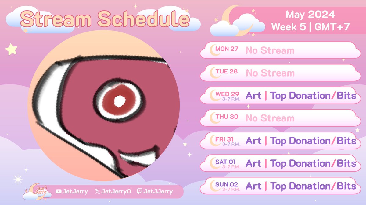 JetJerry0's tweet image. ตารางสตรีม สัปดาห์ที่ 27 พ.ค. - 2 มิ.ย. 2567 ค่ะ
แล้วเจอกัน!🐰💖

Stream's schedule: week of 27 May - 2 June 2024
See you soon!🐰💖
#JetJJerry