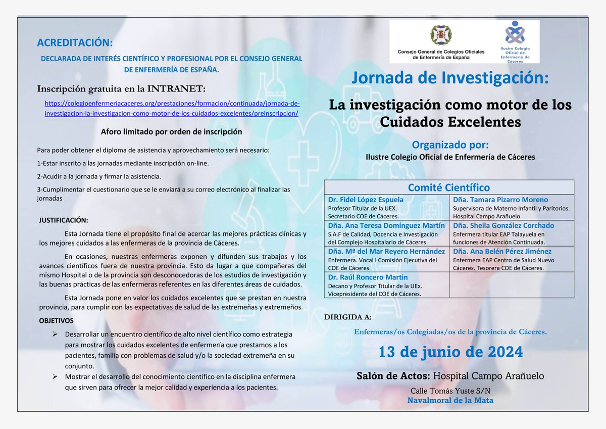 📢Últimas plazas para asistir a la Jornada de Investigación: 𝐋𝐚 𝐢𝐧𝐯𝐞𝐬𝐭𝐢𝐠𝐚𝐜𝐢𝐨́𝐧 𝐜𝐨𝐦𝐨 𝐦𝐨𝐭𝐨𝐫 𝐝𝐞 𝐥𝐨𝐬 𝐜𝐮𝐢𝐝𝐚𝐝𝐨𝐬 𝐞𝐱𝐜𝐞𝐥𝐞𝐧𝐭𝐞𝐬
🗓️13 junio, a las 9,30 hs
📍Hospital Campo Arañuelo (Navalmoral de la Mata)  
👉Inscripción: acortar.link/M4agpM