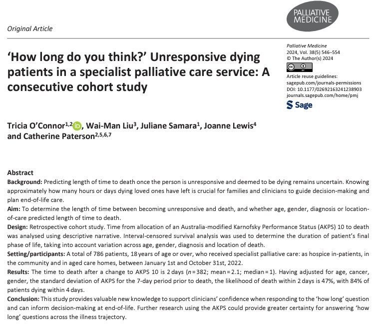 The length of time to death for most patients once they are comatose or barely rousable is 2 days. However, this study highlights the importance of clinicians acknowledging and conveying uncertainty in prognostic accuracy. #hpm #hapc #palliativecare  buff.ly/3WXQzoV