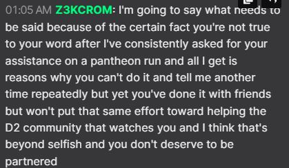 Jayp124's tweet photo. If you know this person go ahead and see them out of any Destiny community you can.   Has the audacity to complain about people not helping them while they are helping out in a charity stream. We don't need this. https://t.co/PGckYMeyjB