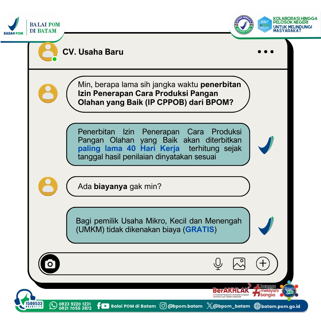 #SahabatBPOM, penasaran berapa lama jangka waktu dan biaya Penerbitan Izin Penerapan Cara Produksi Pangan Olahan yang Baik (CPPOB) untuk produk pangan olahanmu?

Yukk, simak infografisnya.
Ditunggu pengajuan kalian yaa..

#BPOMRI
#BalaiPOMdiBatam
#IPCPPOB