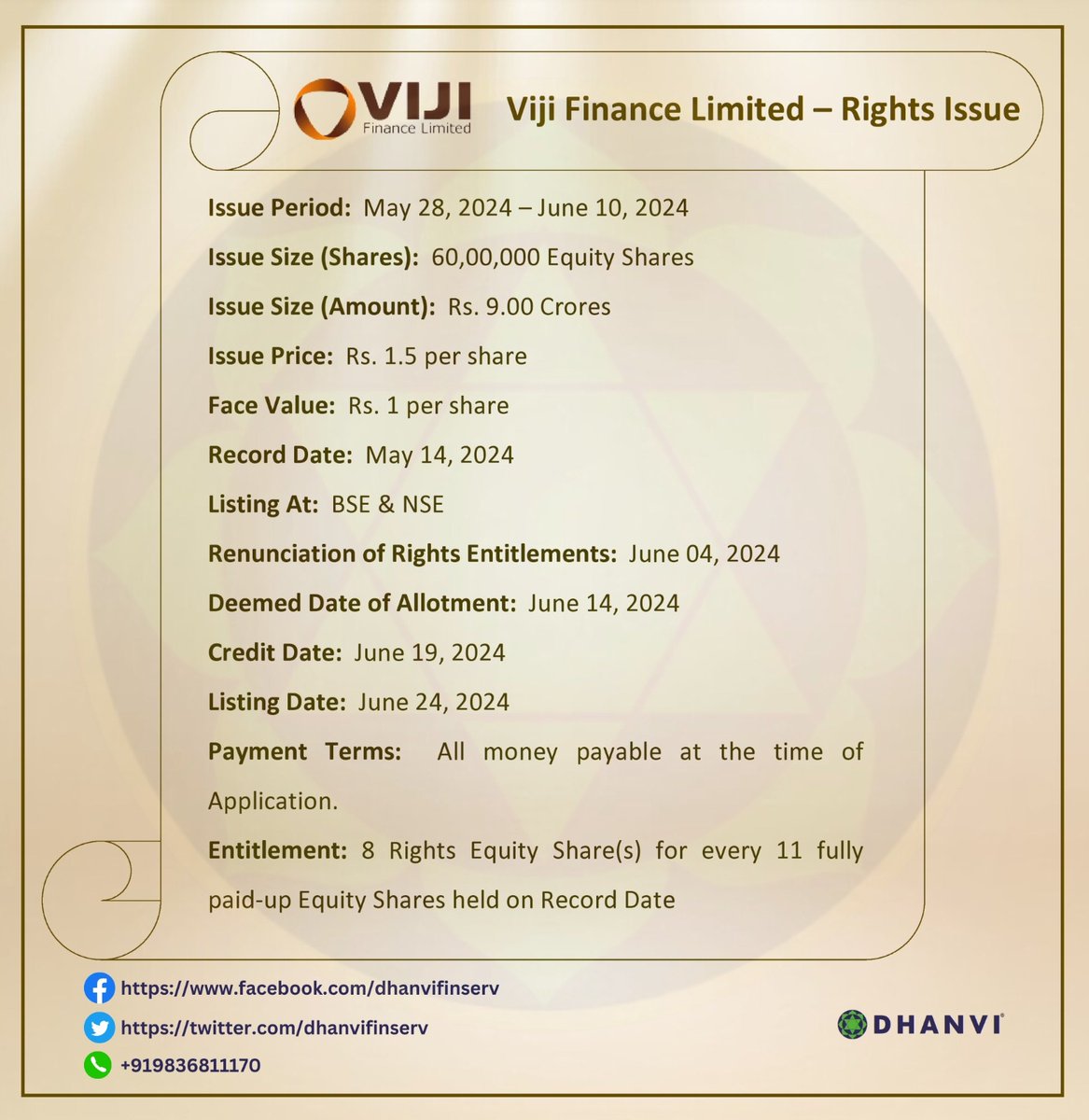 Viji Finance Limited - Rights Issue 👇

 #rights #RightsIssue #RIGHTSHARE #rightissueofshare #dhanvifinserv #Dhanvi #sharemarketindia #sharemarketnews #dailymarketupdate #stockmarketindia #rightshareissue #vijifinance #stocks #MarketNews #shares #investors