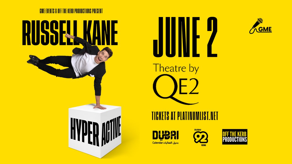 This Sunday 2nd June @7pm, #RussellKane brings his new show 'Hyperactive' to the @QE2Dubai 
The whirlwind, FitBit-breaking comedian, presenter, actor, and author will set the stage on fire (not literally!) with his unique recipe of sharp wit and storming physical comedy.