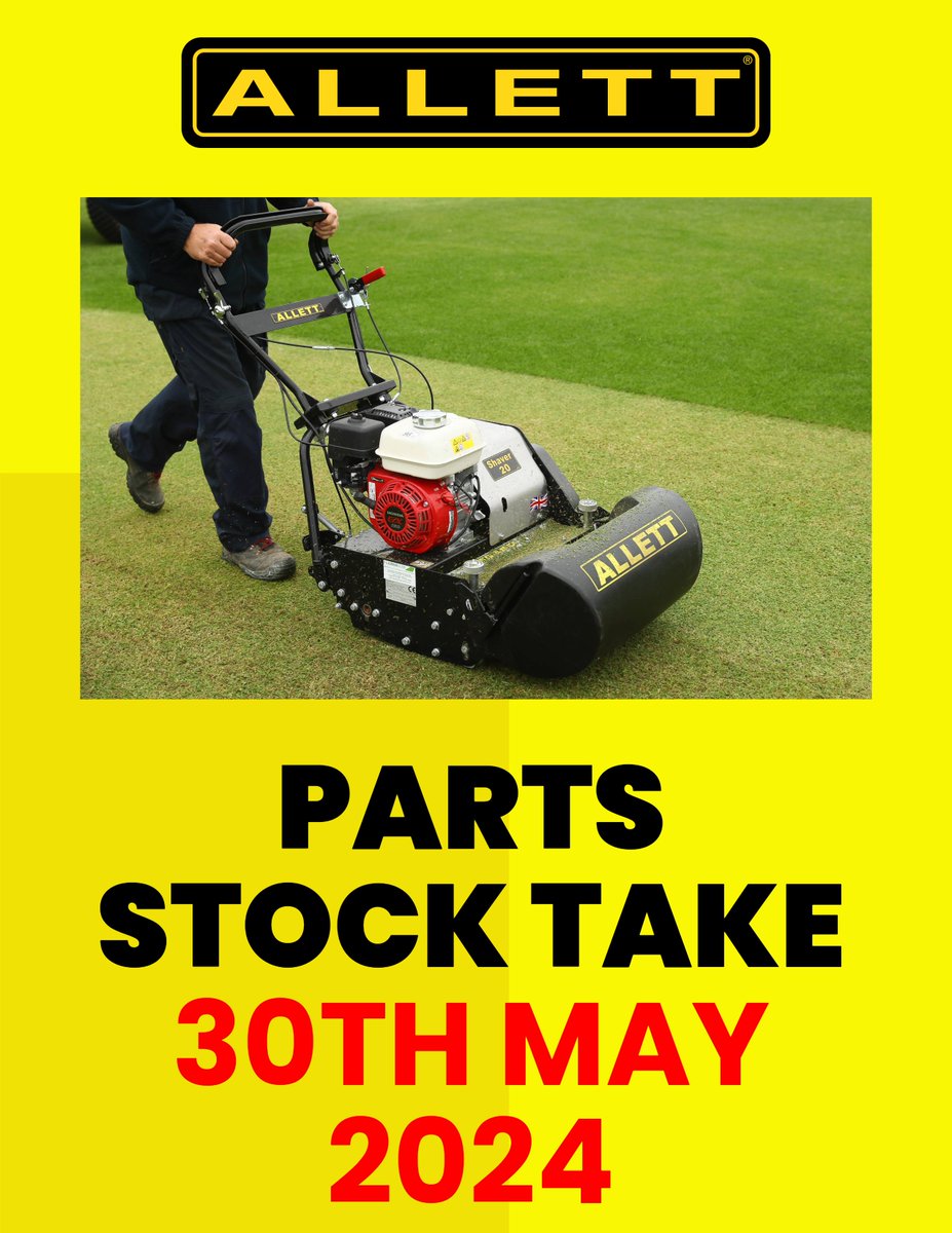 Please be aware Allett’s Parts Department will be closed on Thursday 30th May  for a stock take. Orders received up to 12pm Wednesday 29th May will be processed as normal. Thank-you for your understanding.