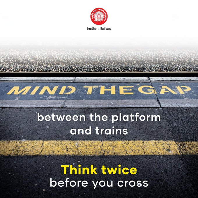 Think Twice Before You Cross!

Prioritize your Safety and Always Follow safety rules while boarding/deboarding trains.

Mind the gap between the platform & trains to avert potential accidents.

#safetyfirst #safety #mindthegap #avoidaccidents #staysafe

@GMSRailway @RailMinIndia