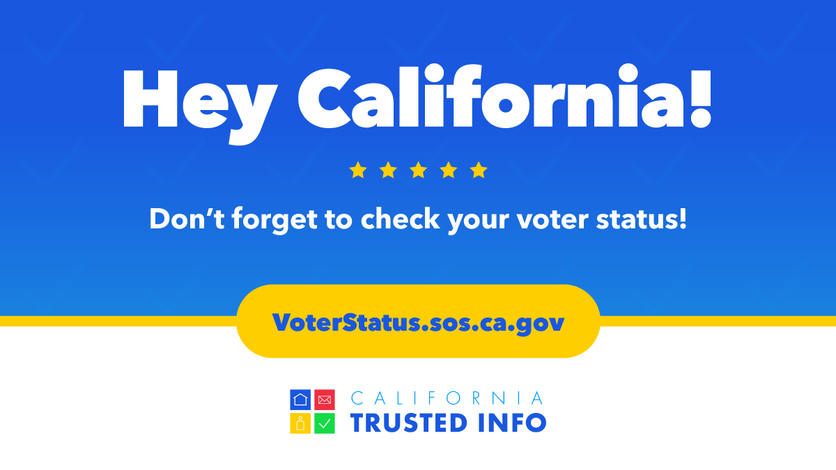 The #2024CAGeneralElection is right around the corner. Make sure you’re ready! Verify your voter status at VoterStatus.sos.ca.gov #VoteSafeCA #VoteCalifornia