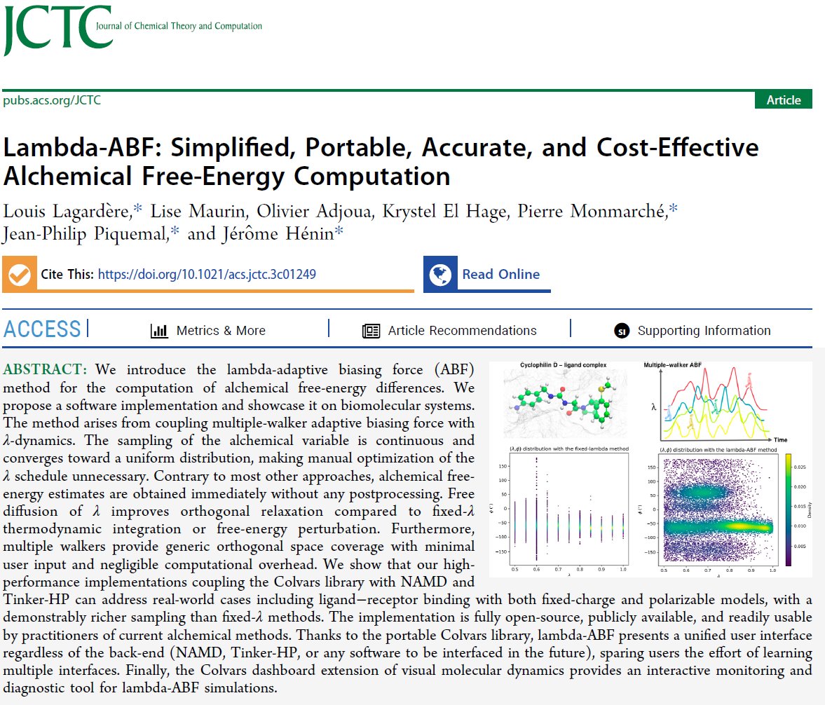 #compchem Just out in JCTC @JCIM_JCTC : 
Lambda-ABF: Simplified, Portable, Accurate, and Cost-effective Alchemical Free Energy Computation. 
doi.org/10.1021/acs.jc…

 We introduce the lambda-adaptive biasing force (ABF) method for the computation of alchemical free-energy