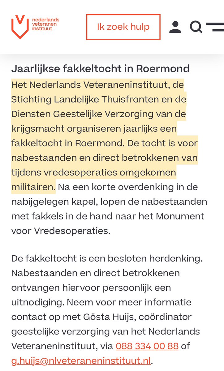 29/5/24 - Het Nederlands Veteraneninstituut, de Stichting Landelijke Thuisfronten en de Diensten Geestelijke Verzorging van de krijgsmacht organiseren jaarlijks een fakkeltocht in Roermond. Fakkeltochten zijn strafbaar volgens de Rechter nlveteraneninstituut.nl/veteranenloket….