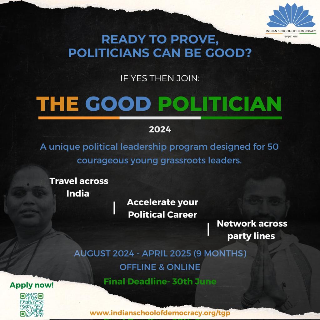 Join the Movement to Redefine Political Leadership in India! 🇮🇳✨ Are you ready to prove that politicians can be good? Elevate your political career with our unique 9-month program. Travel across India, network across party lines, and become one of the 50 courageous grassroots