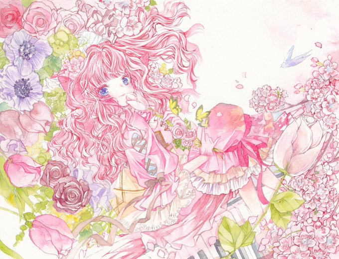 「looking at viewer pink theme」 illustration images(Latest)